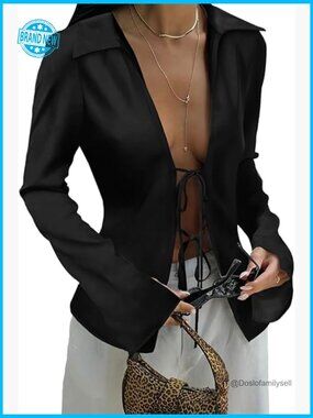 Sexy Tie Front Blouse Deep V Neck Silk Club Top Long Sleeve Y2K Going Out Shirt